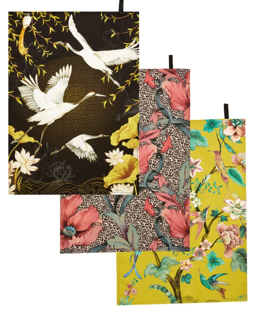 Set Of 3 Dramatic Design Print Teatowels